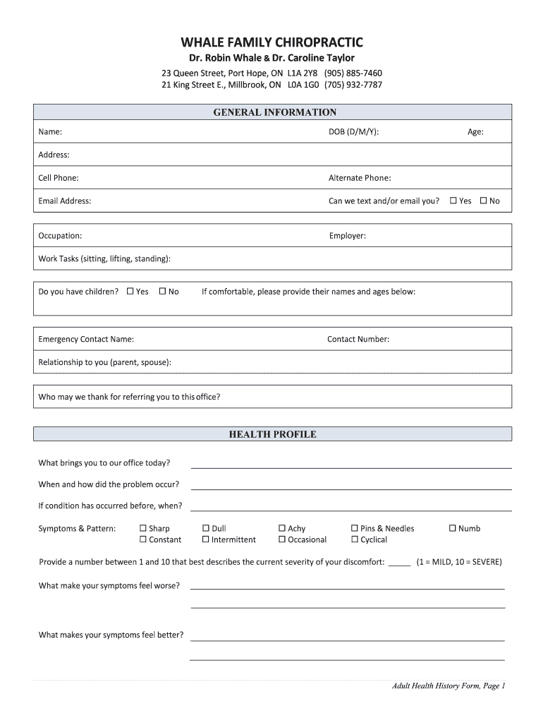 Adult Health History Form, Preview on Page 1