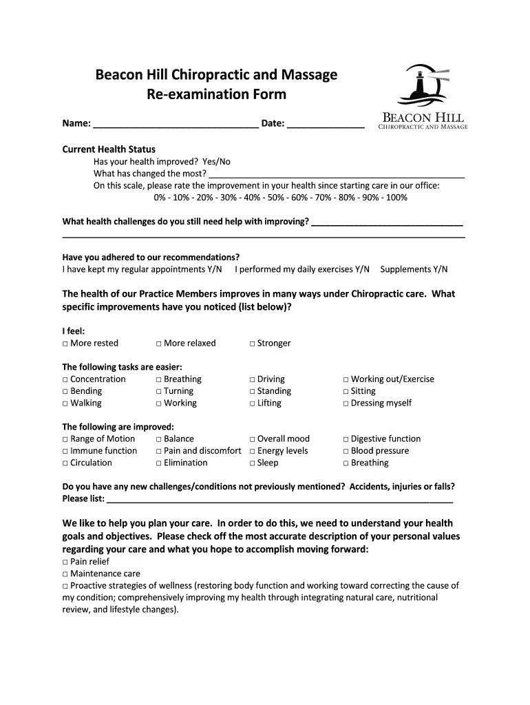Beacon Hill Chiropractic and Massage Re-examination Form Preview on Page 1