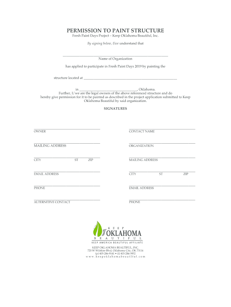 Fillable Online 2019 FPD Permission to Paint Keep Oklahoma Beautiful