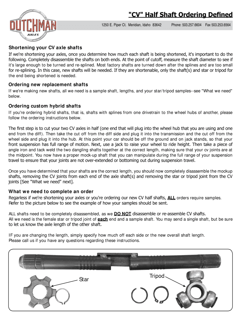Fillable Online "CV" Half Shaft Ordering Defined Dutchman Axles Fax