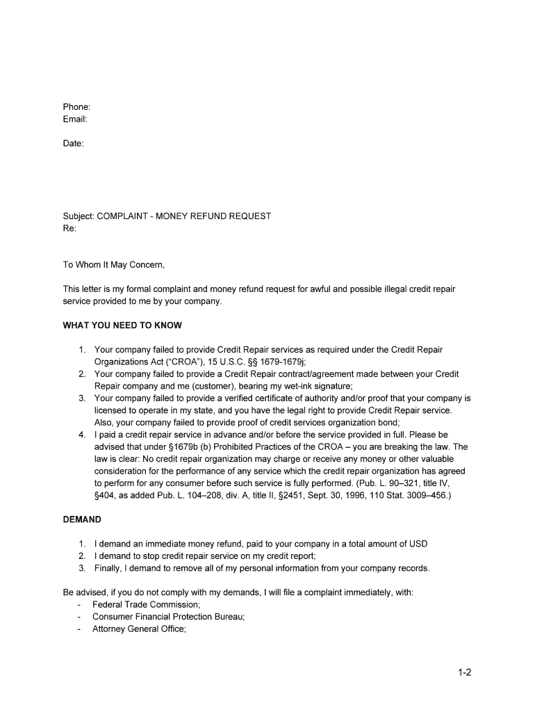 letter requesting money refund