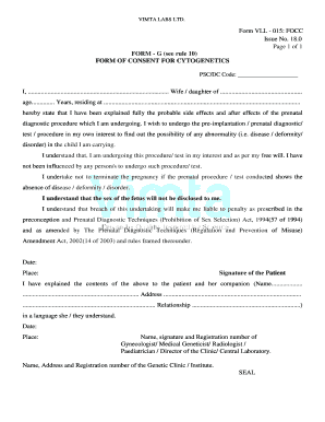 FORM - G (see rule 10) FORM OF CONSENT FOR CYTOGENETICS