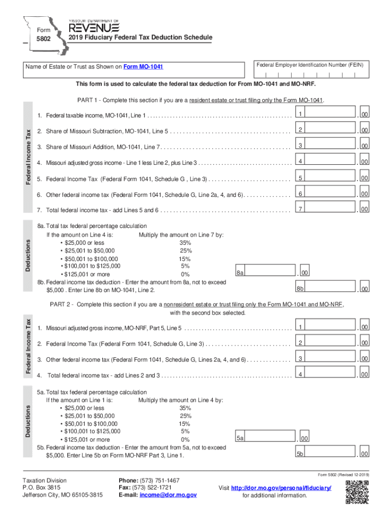 2019 Fiduciary Federal Tax Deduction Schedule 5802 Preview on Page 1