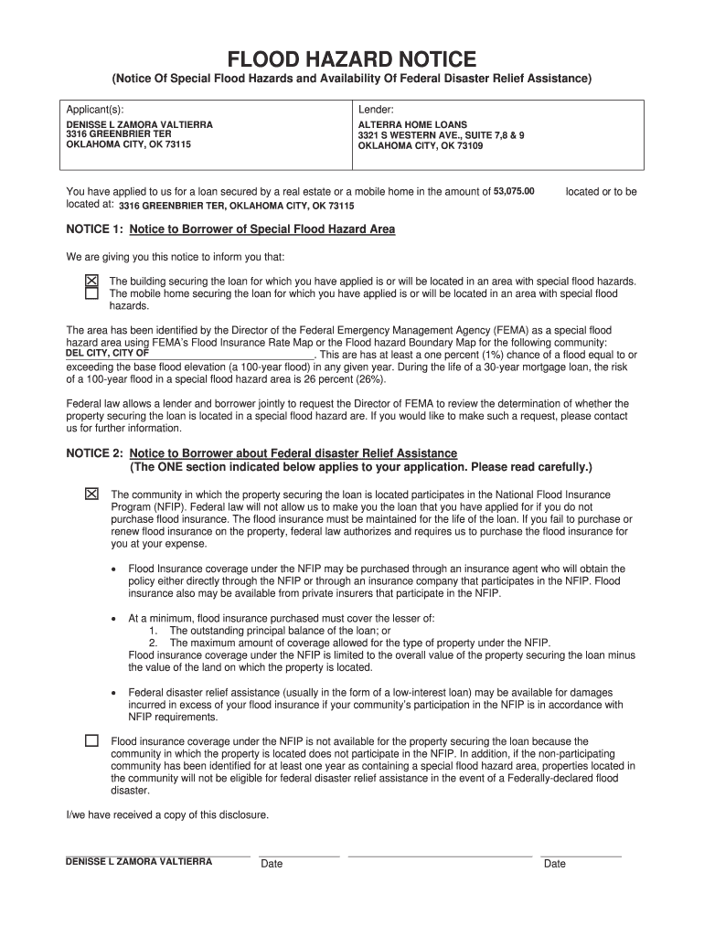 Fillable Online FLOOD HAZARD NOTICE Fax Email Print pdfFiller
