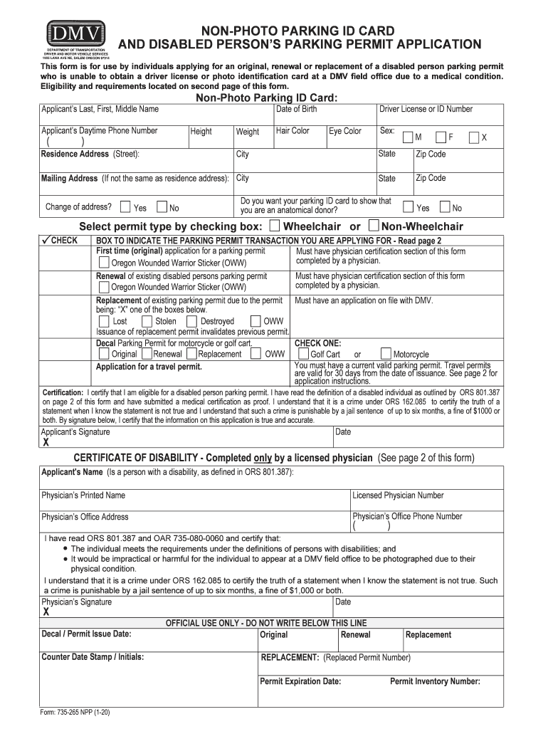 Fillable Online 735265NPP. NonPhoto Parking ID Card and Disabled