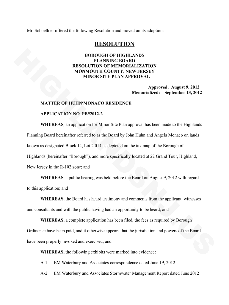 Fillable Online BOROUGH OF HIGHLANDS PLANNING BOARD RESOLUTION