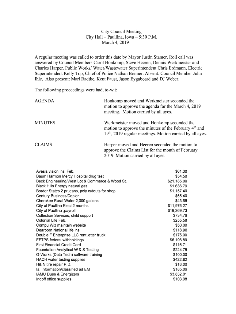 Fillable Online City Hall Paullina, Iowa 530 P Fax Email Print pdfFiller