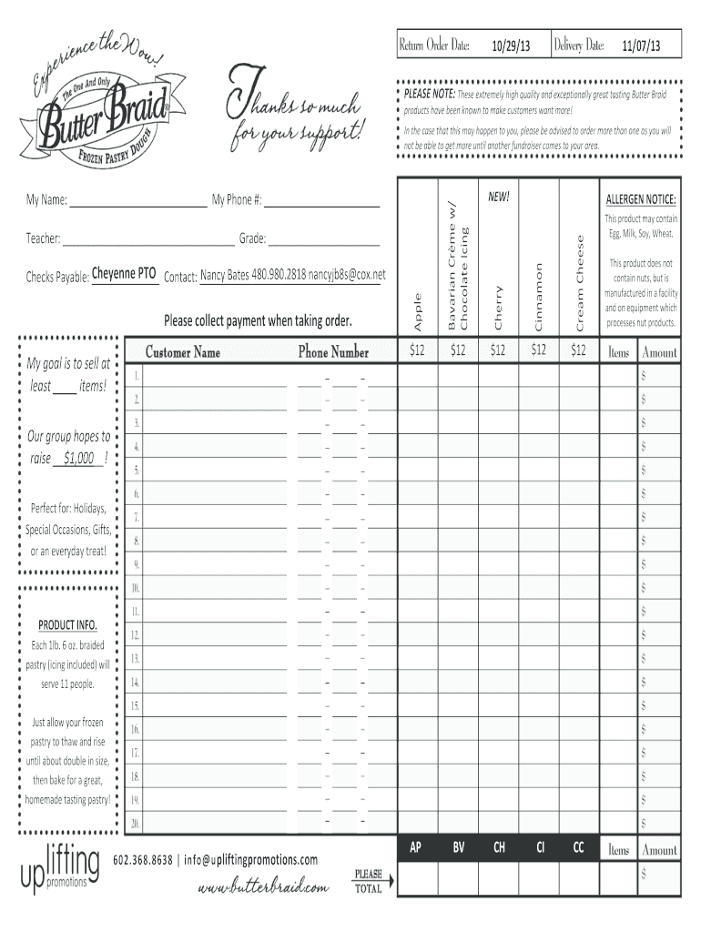 Fillable Online CTS Butter Braid order form Cheyenne Traditional PTO