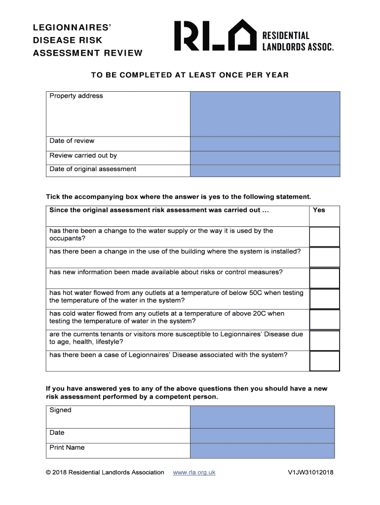 Legionella Risk Assessment Form For Landlords Pdf Fill Online 