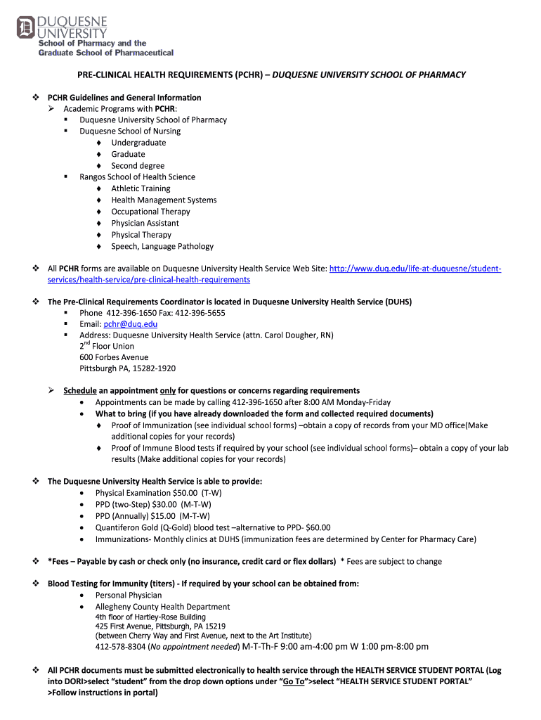 PRE-CLINICAL HEALTH REQUIREMENTS (PCHR) DUQUESNE UNIVERSITY SCHOOL OF PHARMACY Preview on Page 1