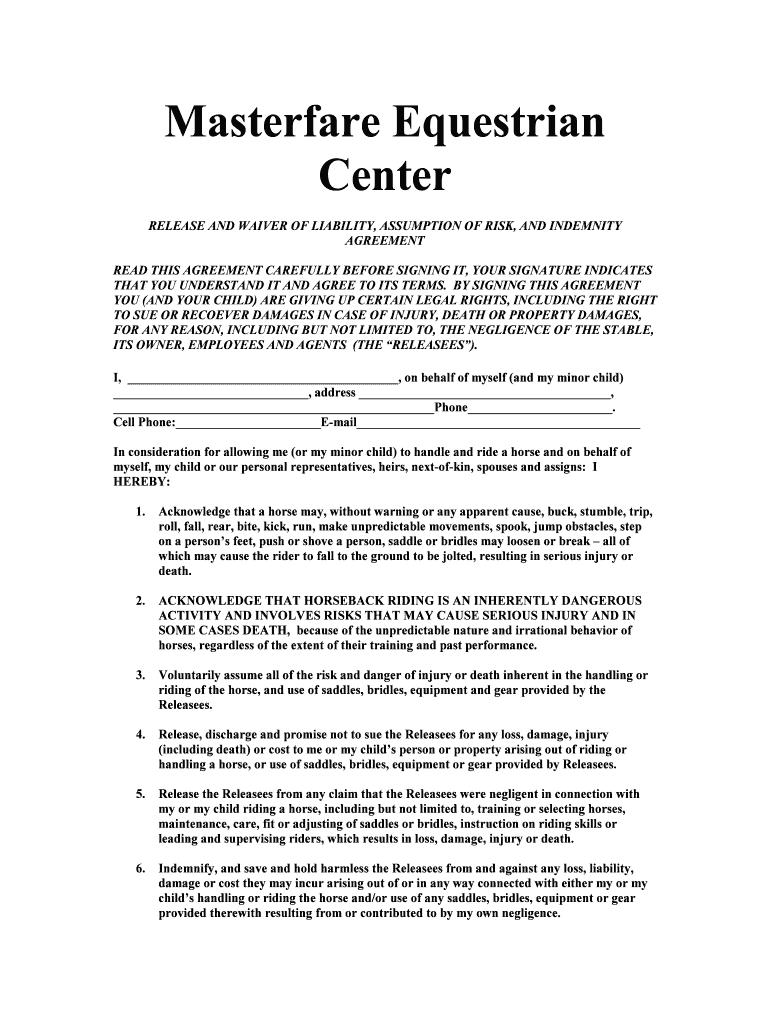Fillable Online RELEASE AND WAIVER OF LIABILITY, - KOLI Equestrian ...