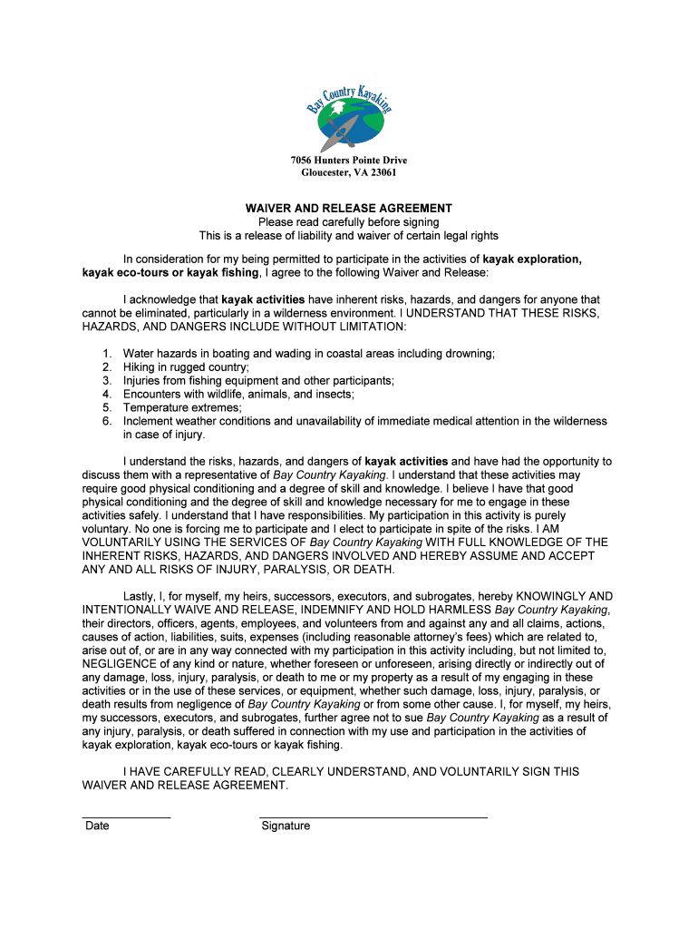 Fillable Online WAIVER AND RELEASE AGREEMENT kayak exploration, kayak