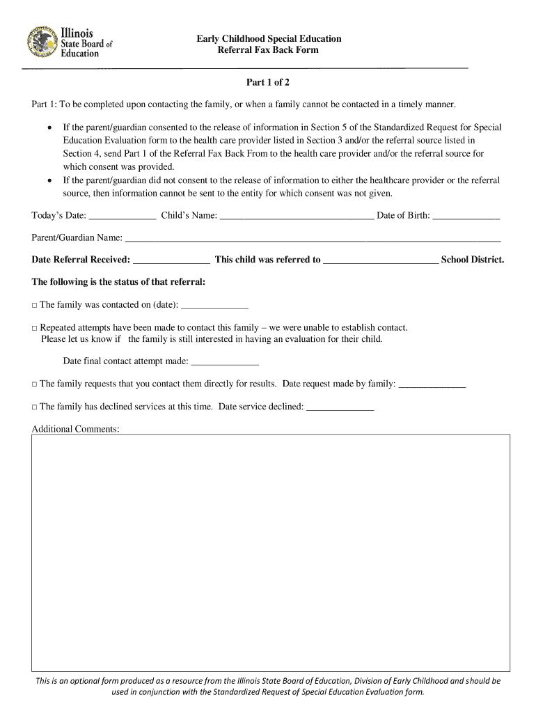 Fillable Online Early Childhood Special Education Referral Fax Back Form Fax Email Print