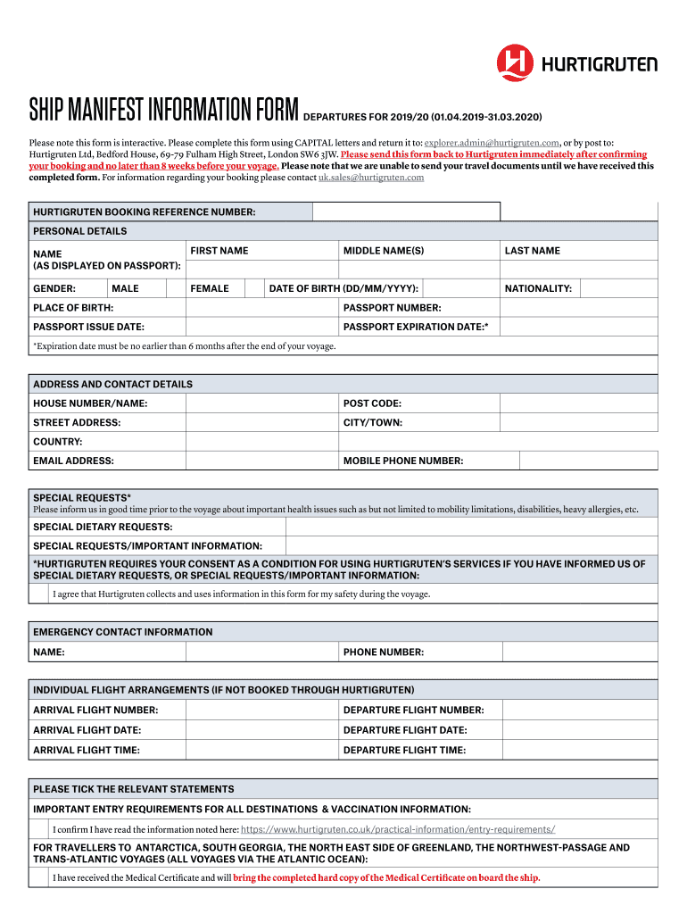 hurtigruten manifest form Preview on Page 1