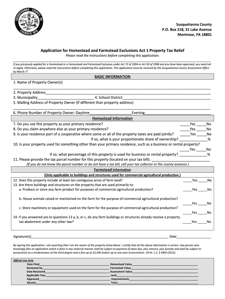 Fillable Online Application for Homestead and Farmstead Exclusions Act