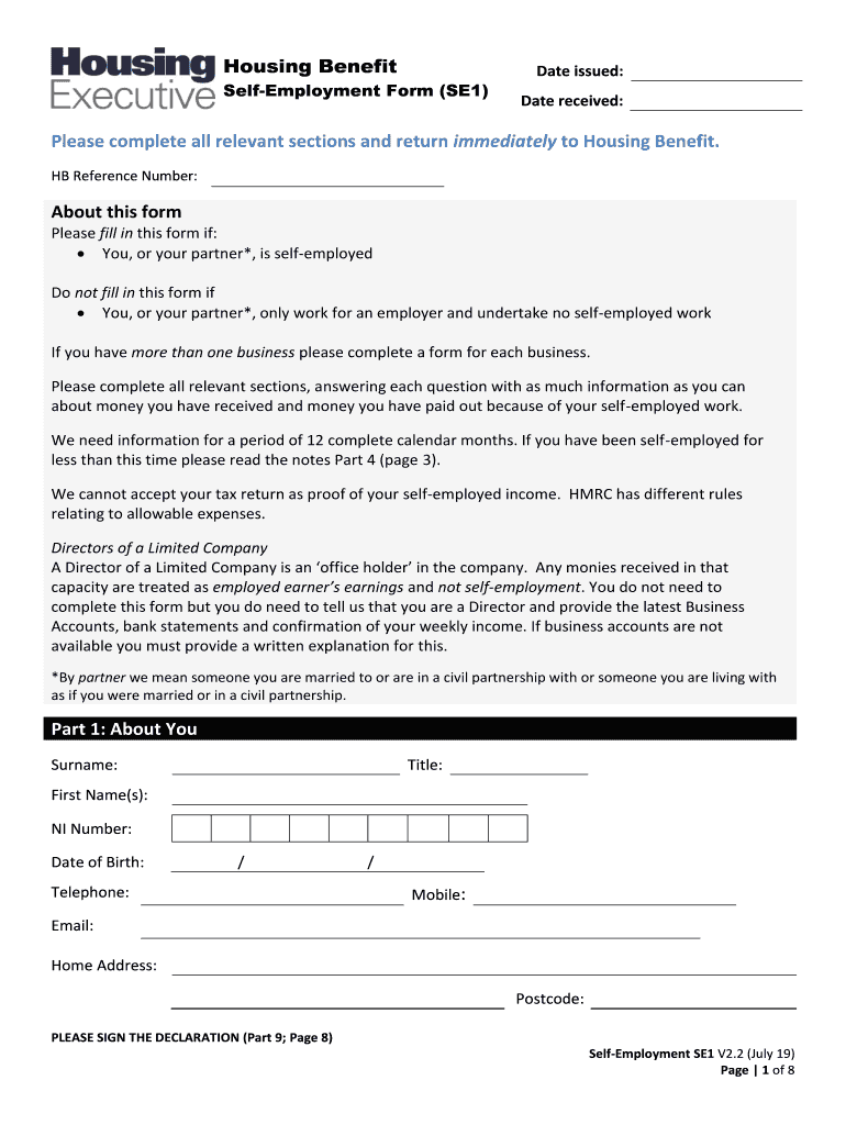 Fillable Online Housing Benefit SelfEmployment Form (SE1). This form (SE1) is for claimants to