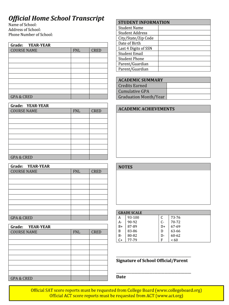 Homeschool Transcript (Grading High School and College Preview on Page 1