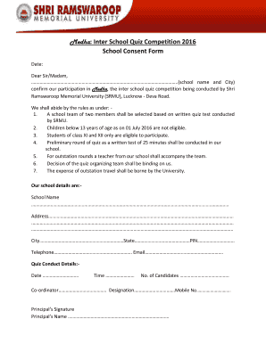 Inter School Quiz Competition 2016 School Consent Form