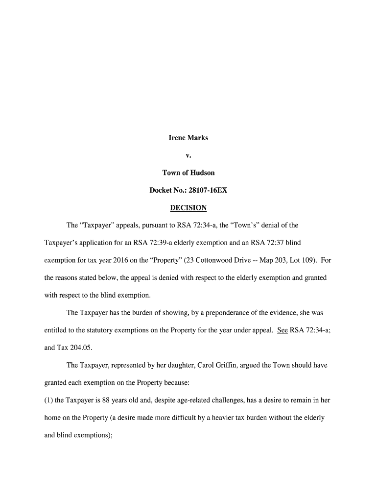 Fillable Online Real Estate Tax Relief in New Hampshire Leone