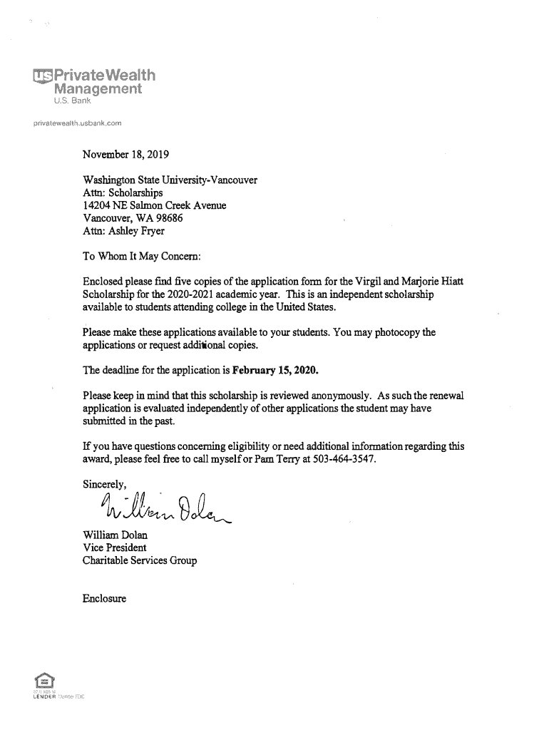 Virgil and Marjorie Hiatt Scholarship Application - Student Preview on Page 1