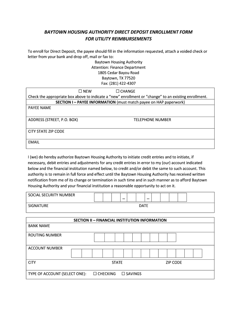 Fillable Online BAYTOWN HOUSING AUTHORITY DIRECT DEPOSIT ENROLLMENT