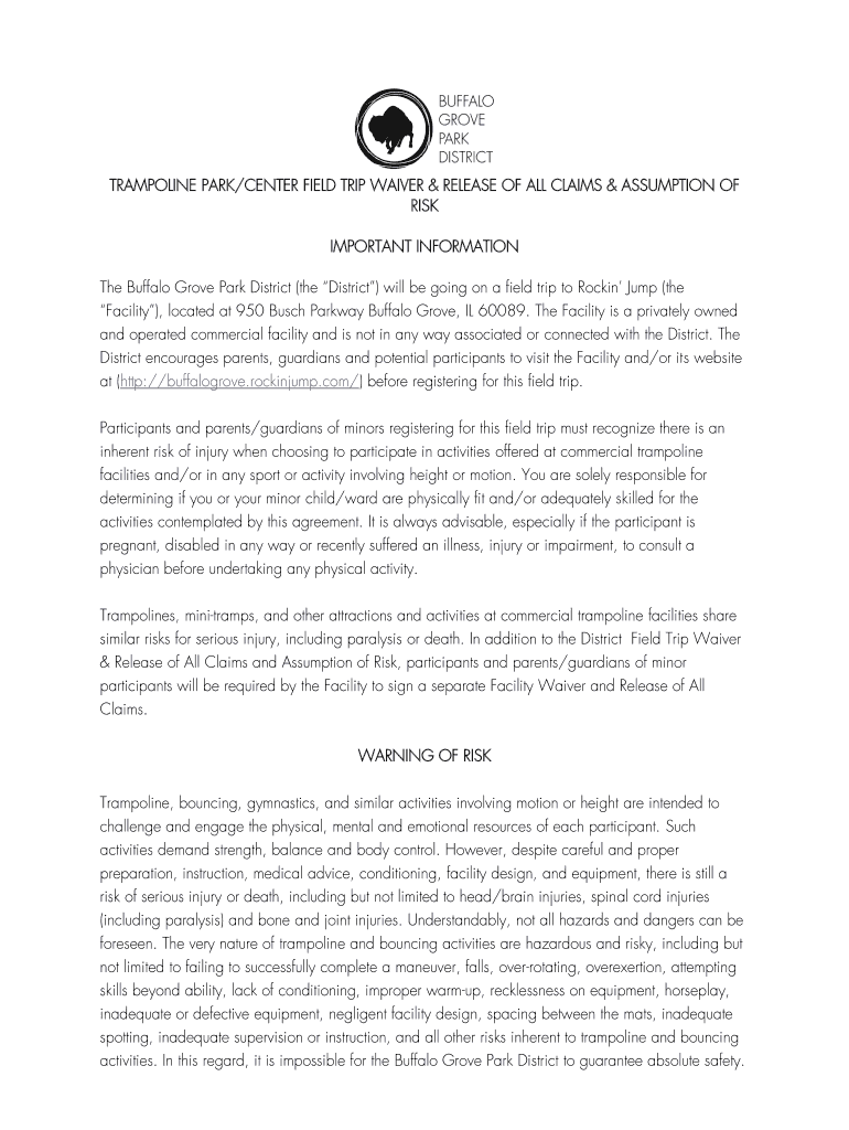 Fillable Online TRAMPOLINE PARK/CENTER FIELD TRIP WAIVER & RELEASE OF