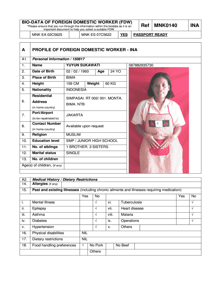 Foreign Domestic Worker Biodata Form Preview on Page 1