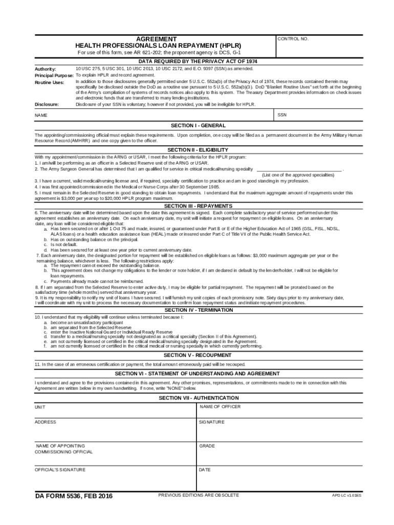 AGREEMENT HEALTH PROFESSIONALS LOAN REPAYMENT (HPLR) DA FORM 5536, FEB 2016: Fill out & sign online | DocHub