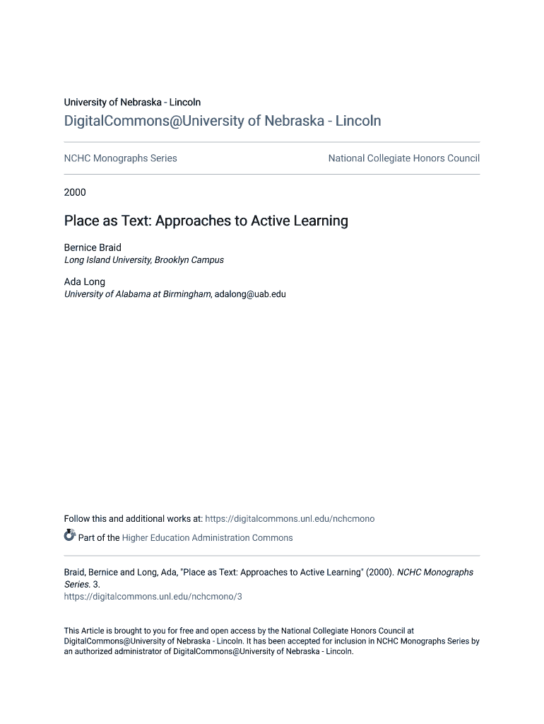 Fillable Online unl Place as Text Approaches to Active