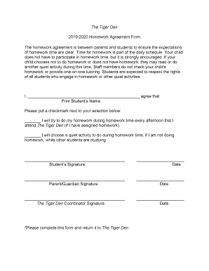 Fillable Online The Tiger Den 2019-2020 Homework Agreement Form . The ...