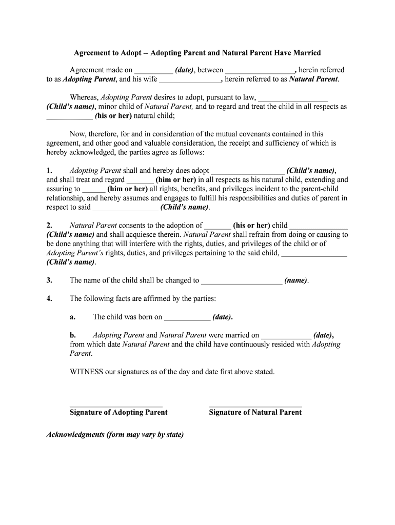 Fillable Online Agreement to Adopt - Adopting Stepparent and Natural ...