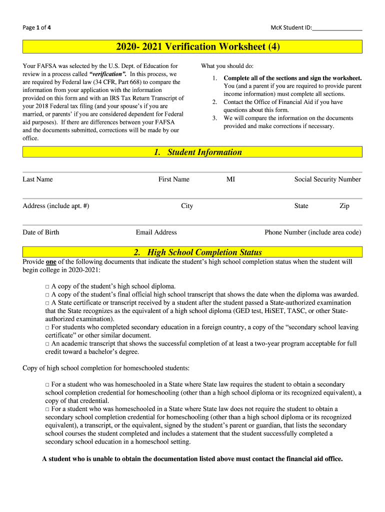 Fillable Online 20202021 Verification Worksheet - Northwestern ...