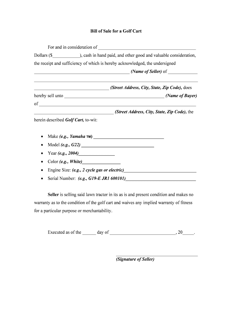 Fill, Edit and Print Bill of Sale for a Golf Cart Form Online SellMyForms