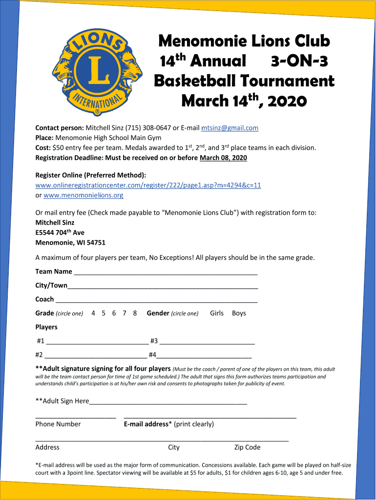 Fillable Online Menomonie Lions Club 14th Annual 3ON3 Basketball