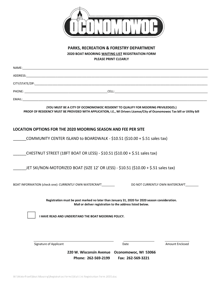 Fillable Online Boat Mooring Waitlist Registration Form Fax Email Print