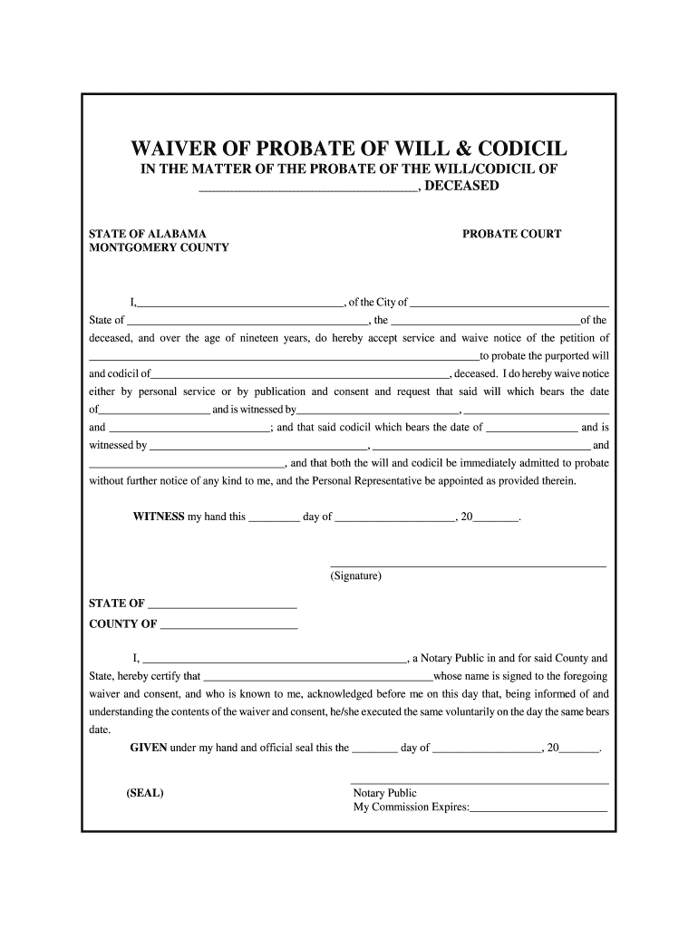 Fillable Online mc-ala WAIVER OF PROBATE OF WILL CODICIL Preview on Page 1