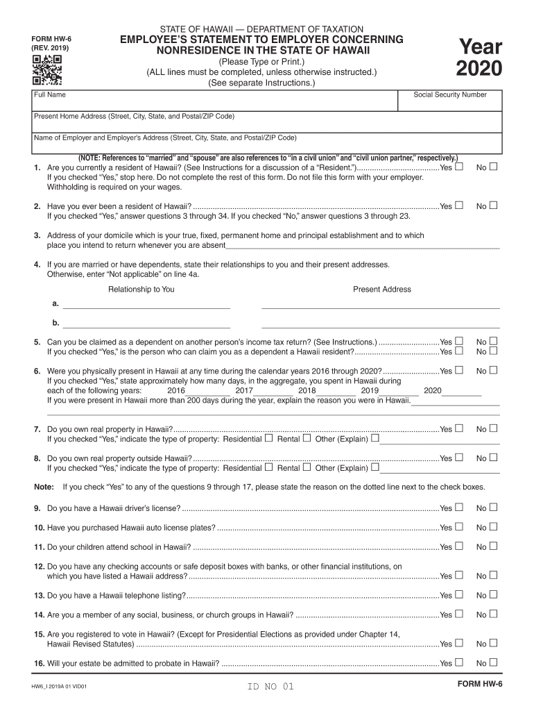 Form HW-6, Rev. 2019, Employee's Statement to Employer Concerning Nonresidence in the State of Hawaii. Forms 2019 Preview on Page 1