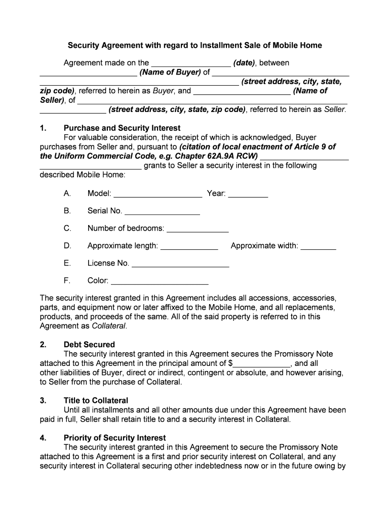 Security Agreement with regard to Installment Sale of Mobile Home Inside mobile home purchase agreement template
