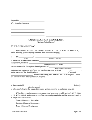 Construction Lien Claim - Mechanic Liens - Business Entity