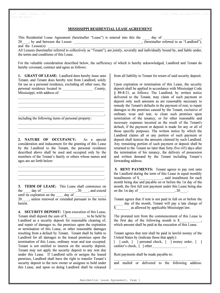 Mississippi Residential Rental Lease Agreement Preview on Page 1