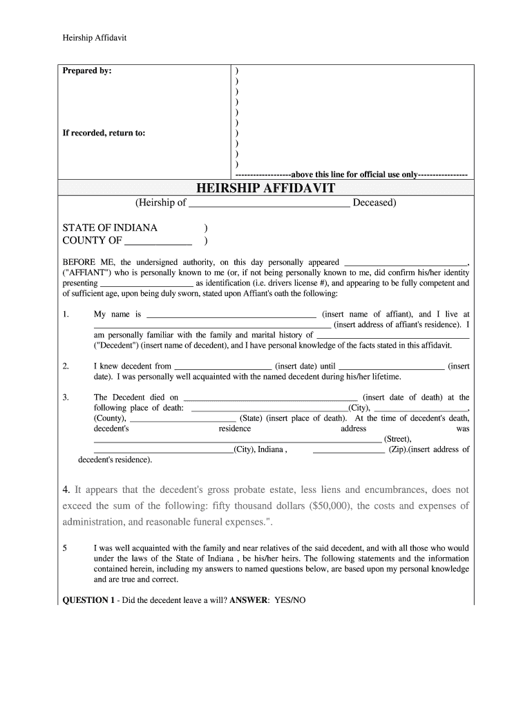 Indiana Heirship Affidavit - Descent Preview on Page 1