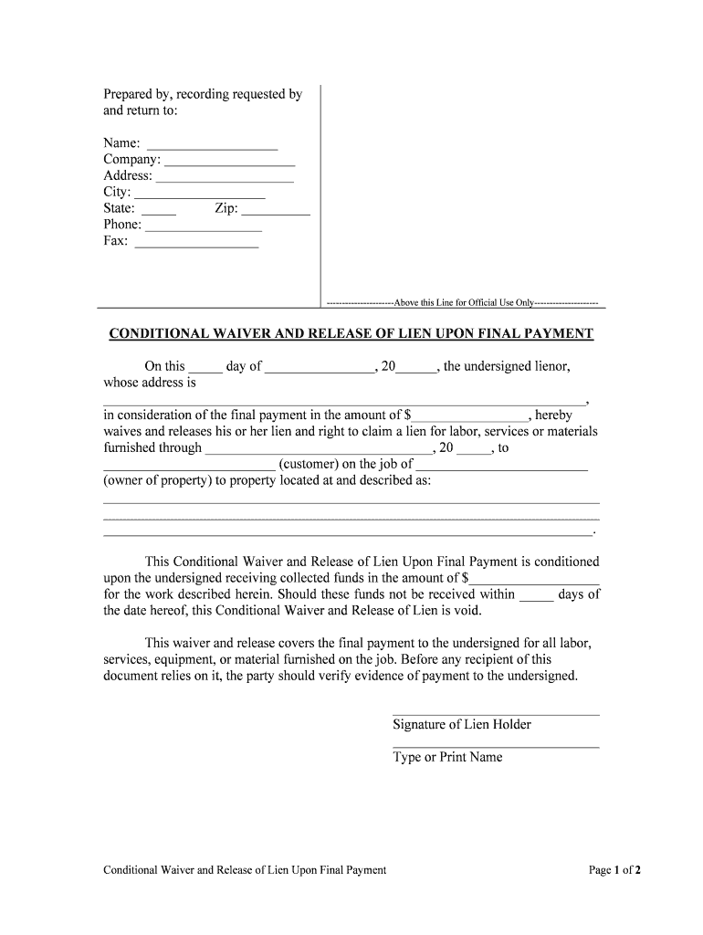 Conditional Waiver and Release of Lien Upon Final Payment Form Online |  SellMyForms