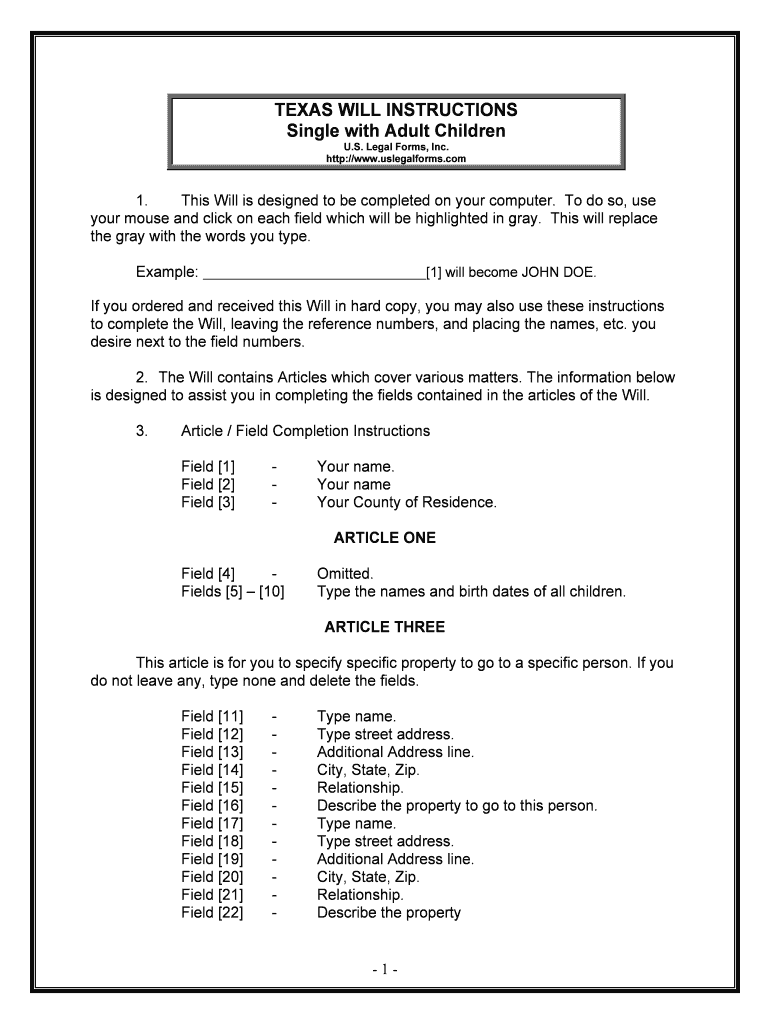 Texas Legal Last Will and Testament Form for Single Person with Adult  Children Form Online | SellMyForms