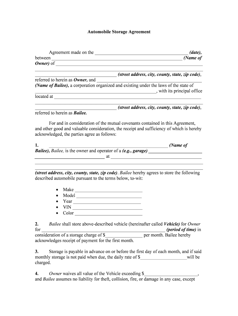 Fill, Edit and Print Automobile Storage Agreement Form Online SellMyForms
