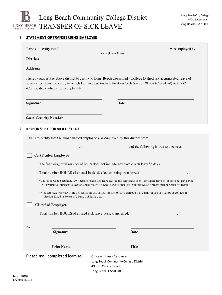 Fillable Online HR040Transfer of Sick Leave Fax Email Print pdfFiller