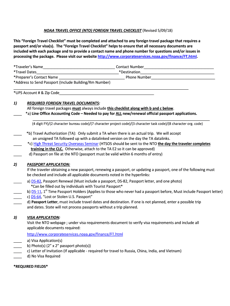 Fillable Online NOAA TRAVEL OFFICE (NTO) FOREIGN TRAVEL CHECKLIST ...