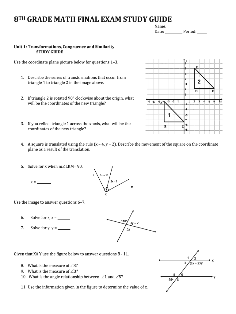 8th Grade Math Final Exam Study Guide - Blank Fillable Template | Fill ...