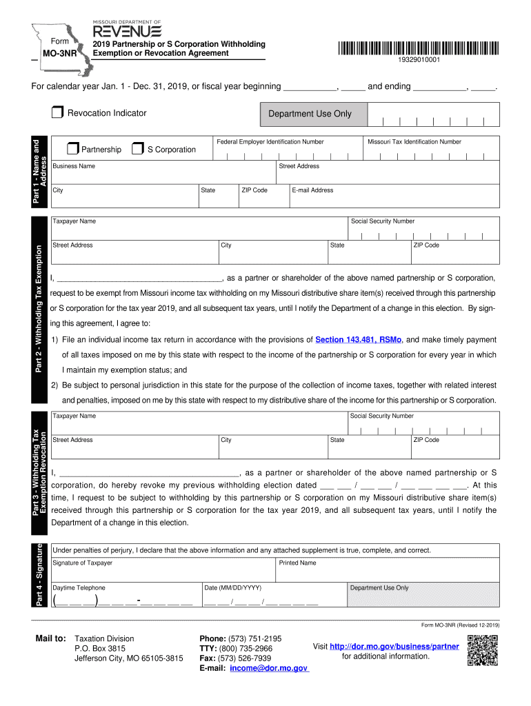 Form MO-3NR - 2019 Partnership or S Corporation Withholding Exemption or Revocation Agreement Preview on Page 1