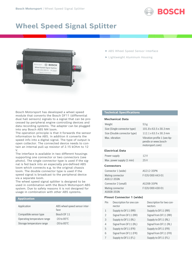 Fillable Online Bosch MotorsportWheel Speed Signal Splitter Fax Email