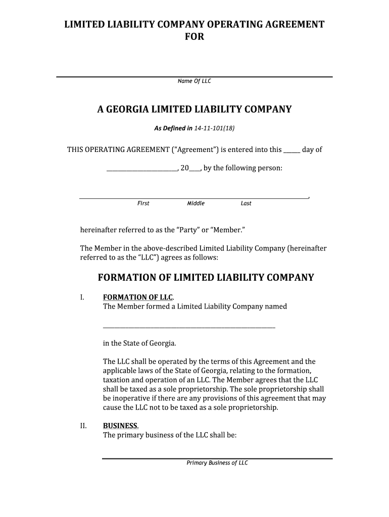 ga limited liability company operating agreement Preview on Page 1